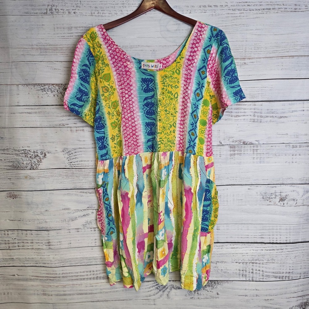 Jams World Vintage Women's XL Hattie‎ Babydoll Multicolor Floral Rayon Dress USA